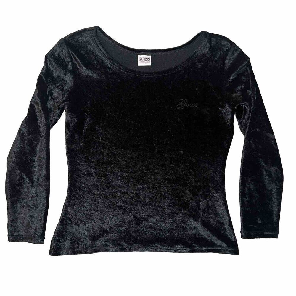 Vintage 90s GUESS Products Womens S Black Velour Long Sleeve Top Stretch Logo